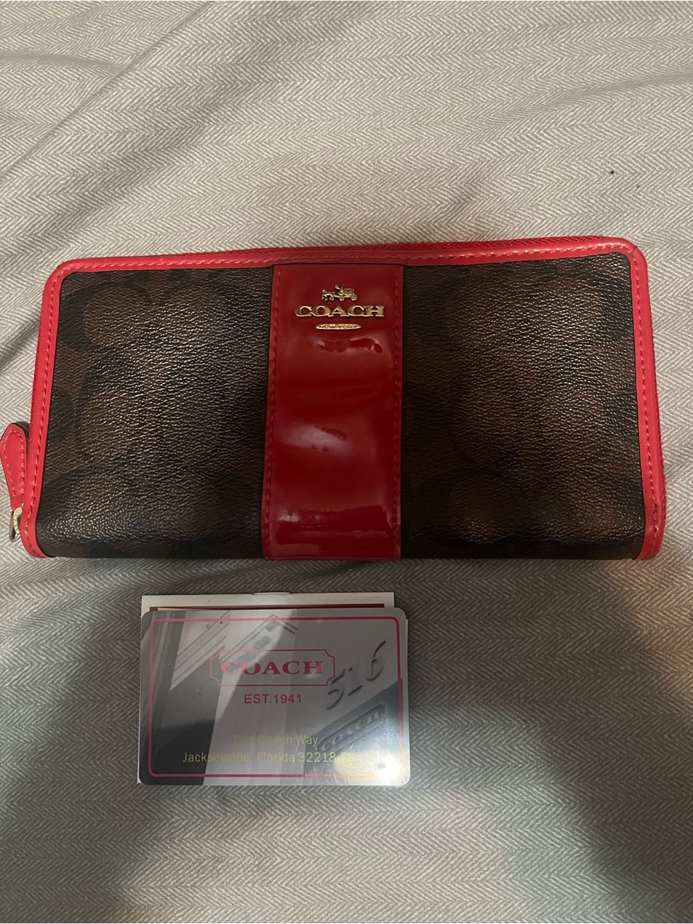 Coach Brown Signature Wallet with Red Patent Trim